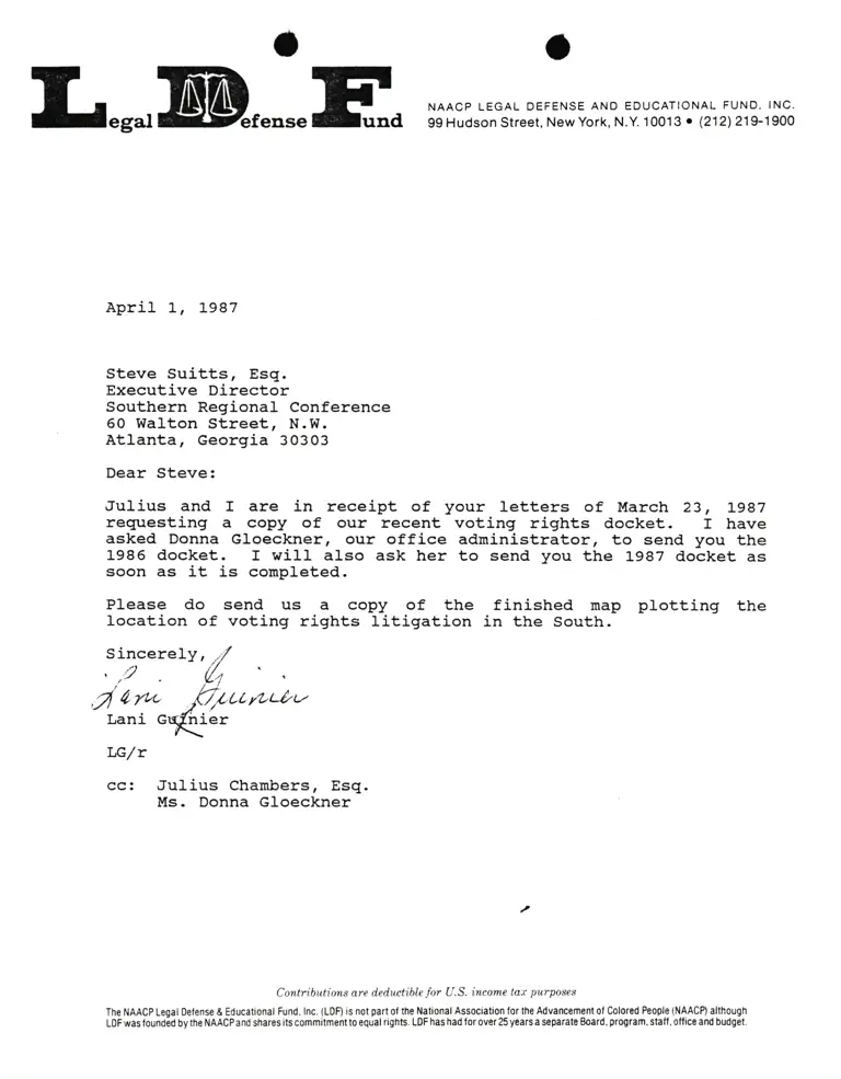 Correspondence from Lani Guinier to Steve Suitts, Esq. (Southern Regional Conference) preview