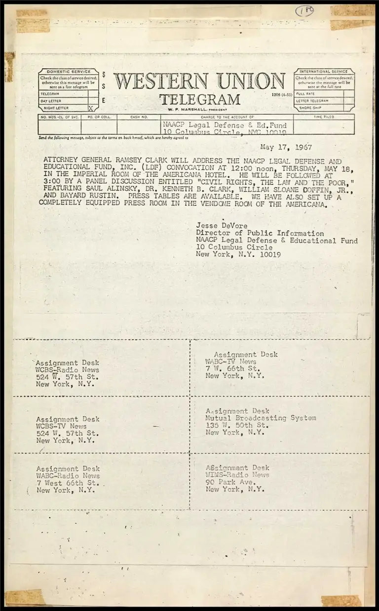 W.U. Telegram Regarding Ramsey Clark's Address at LDF Convocation preview