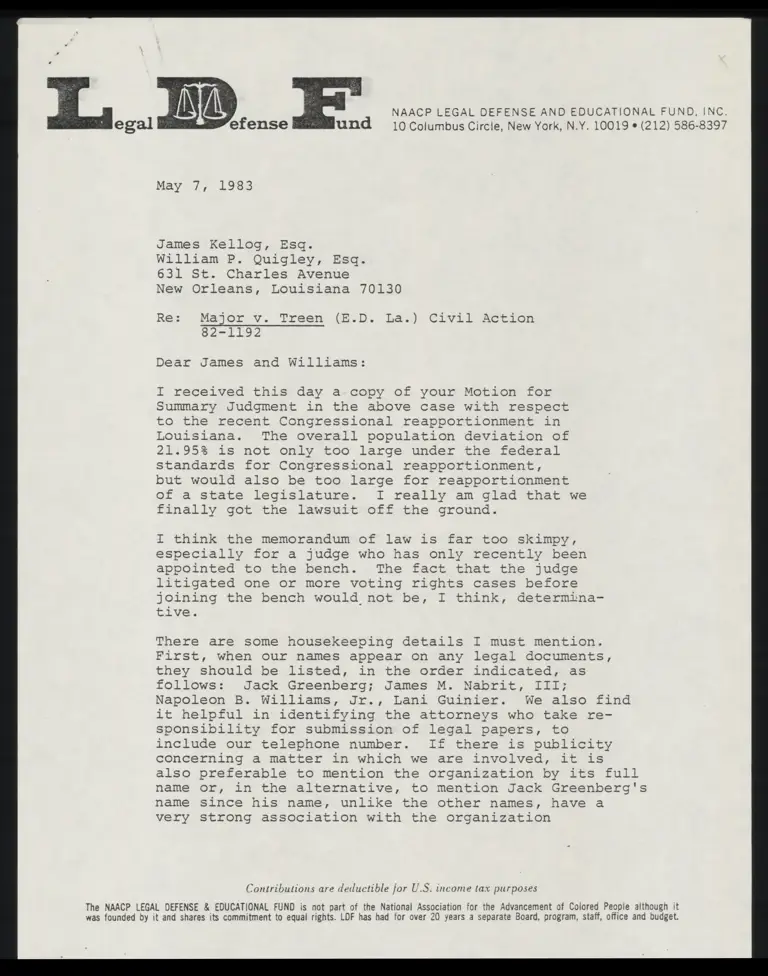 Letter from Napoleon Williams to James Kellog and William Quigley RE Major v Treen preview