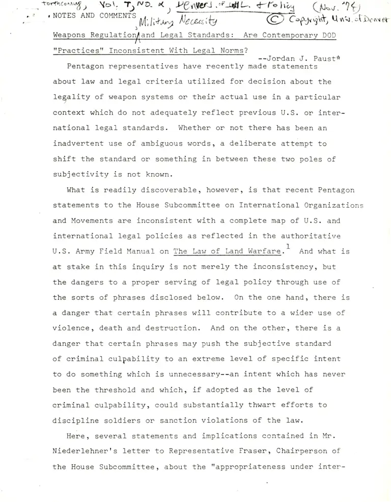 Draft Report From University of Denver RE: Weapons Regulation and Legal Standards preview
