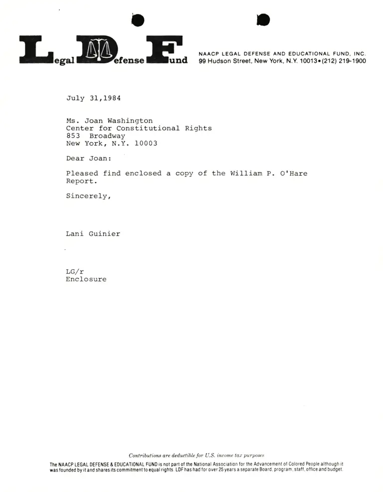 Letter from Lani Guinier to Joan Washington (Center for Constitutional Rights) preview