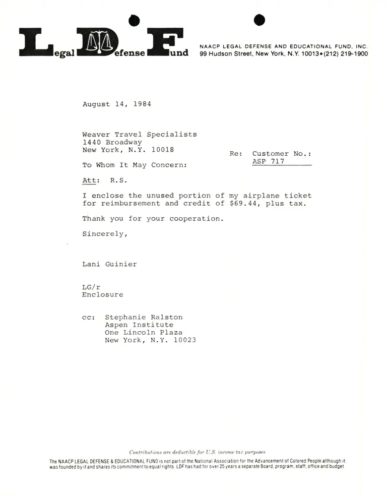 Letter from Lani Guinier to Weaver Travel Specialties Re flight reimbursement preview
