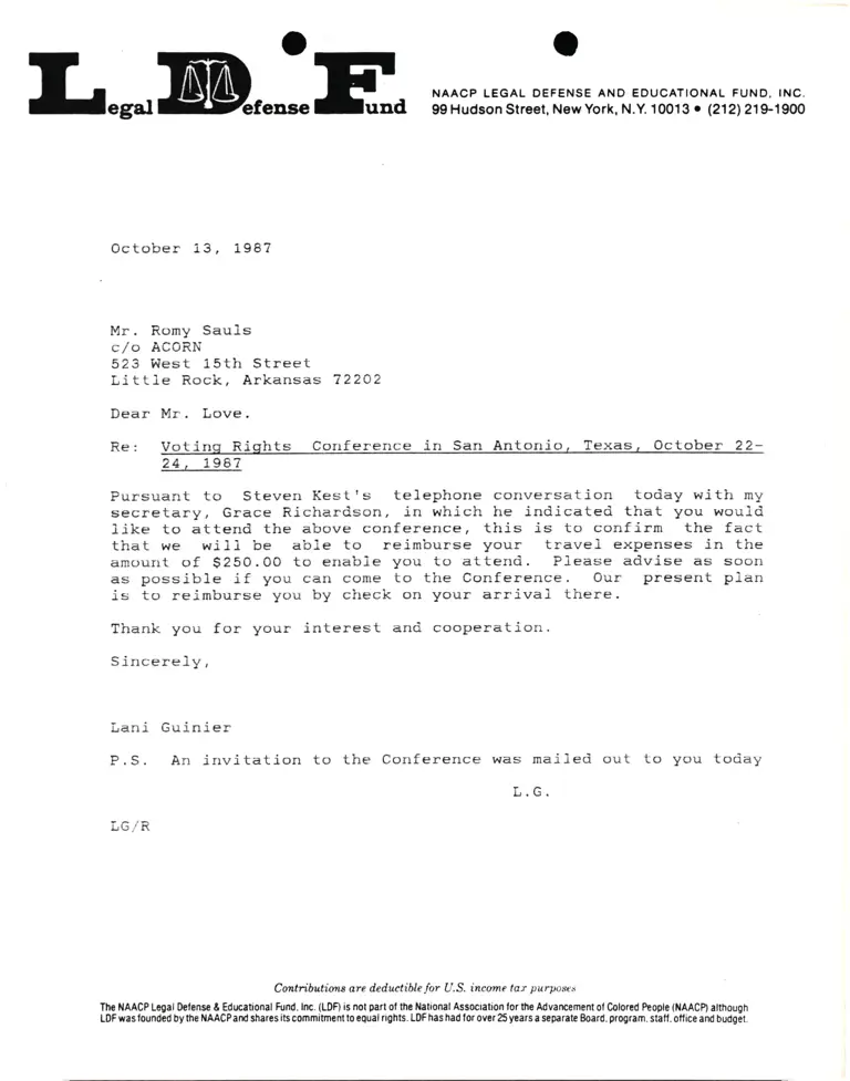 Correspondence from Lani Guinier to Romy Sauls Re Voting Rights Conference in San Antonio, TX, Oct. 22-24, 1987 preview