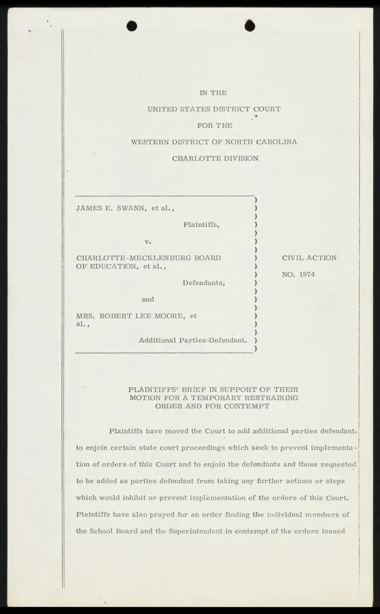 Plaintiffs' Brief in Support of Motion for a Temporary Restraining Order and for Contempt preview