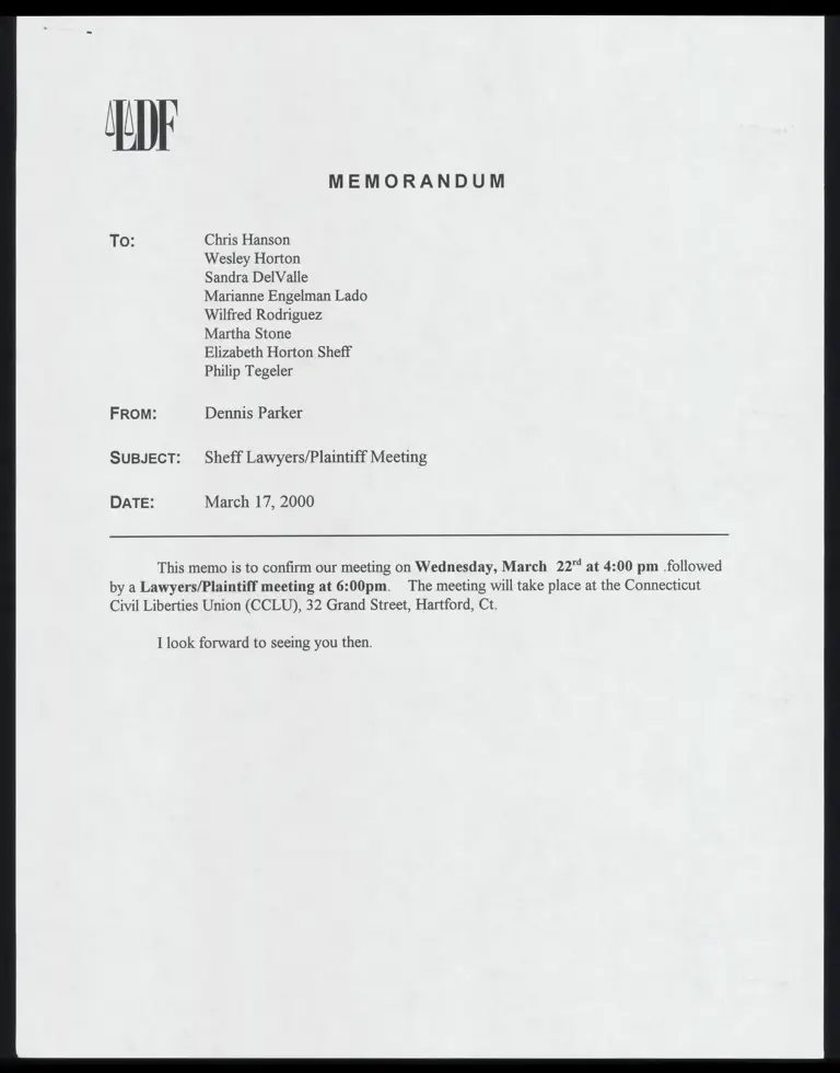 Memo RE: Sheff Lawyers/ Plaintiff Meeting preview