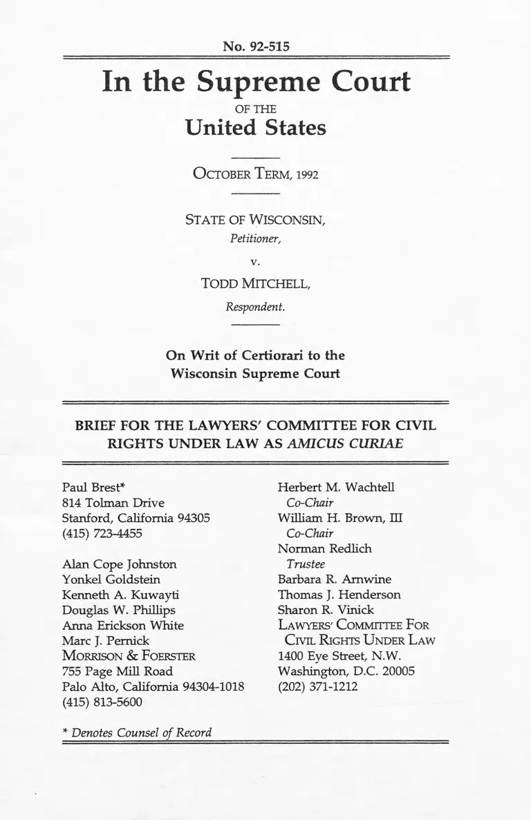 Wisconsin v. Mitchell Brief Amicus Curiae preview