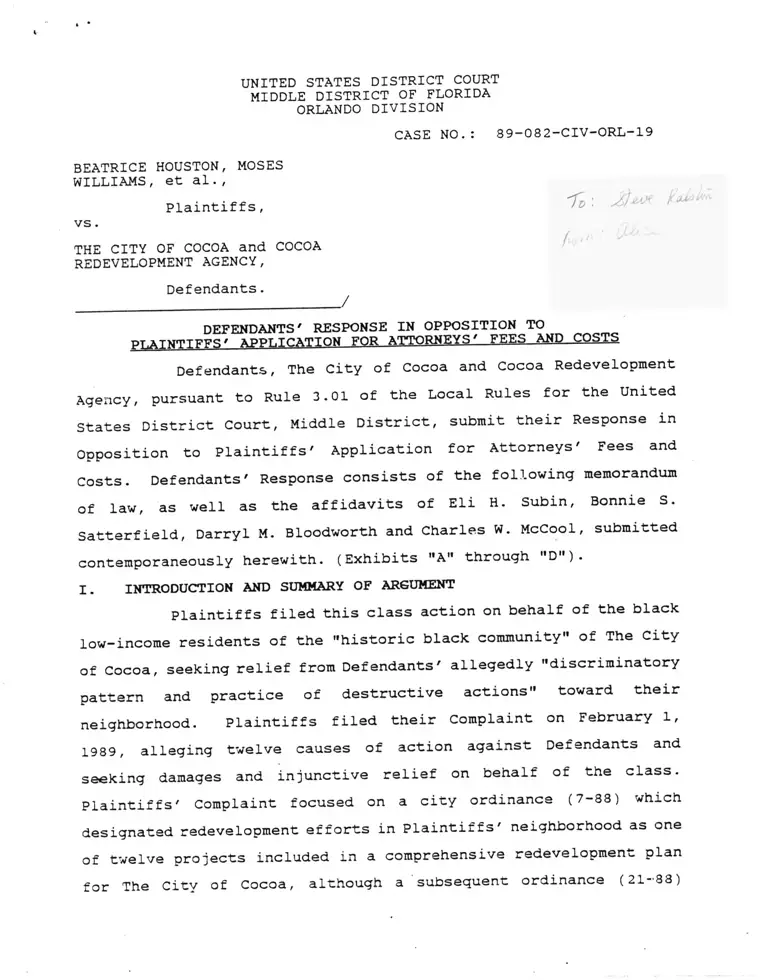 Houston v. City of Cocoa Defendants' Response in Opposition to Plaintiffs' Application for Attorneys' Fees and Costs preview