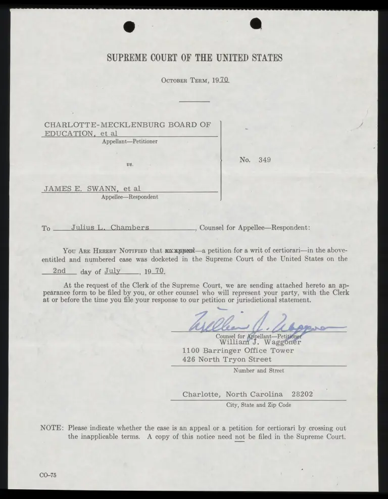 Notice of Docketing of Petition for Writ of Certiorari from Waggoner to Chambers preview