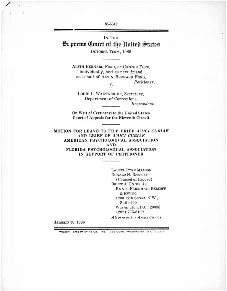 Ford v. Wainwright Motion for Leave to File and Brief Amici Curiae preview