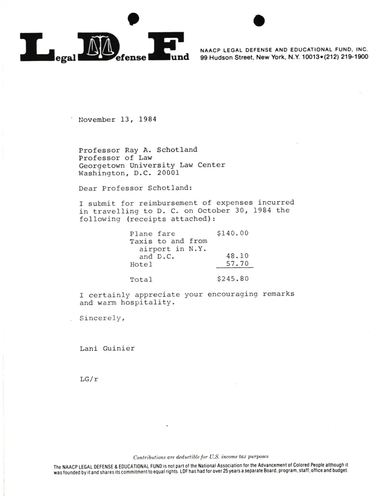 Letter from Lani Guinier to Ray Schotland RE: Expenses preview