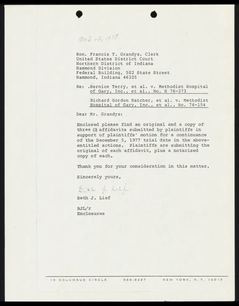 Correspondence from Lief to Clerk Re: Affidavits preview