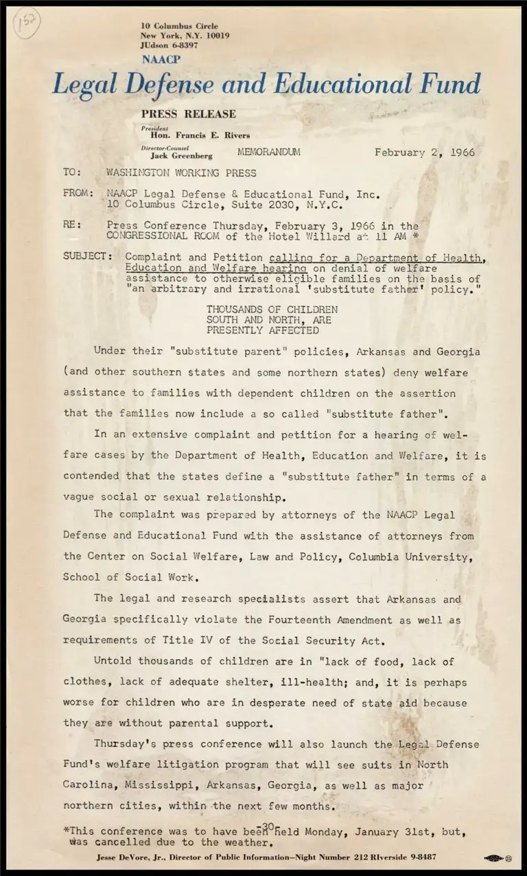 Memorandum on Complaint and Petition Calling for HEW Hearing preview
