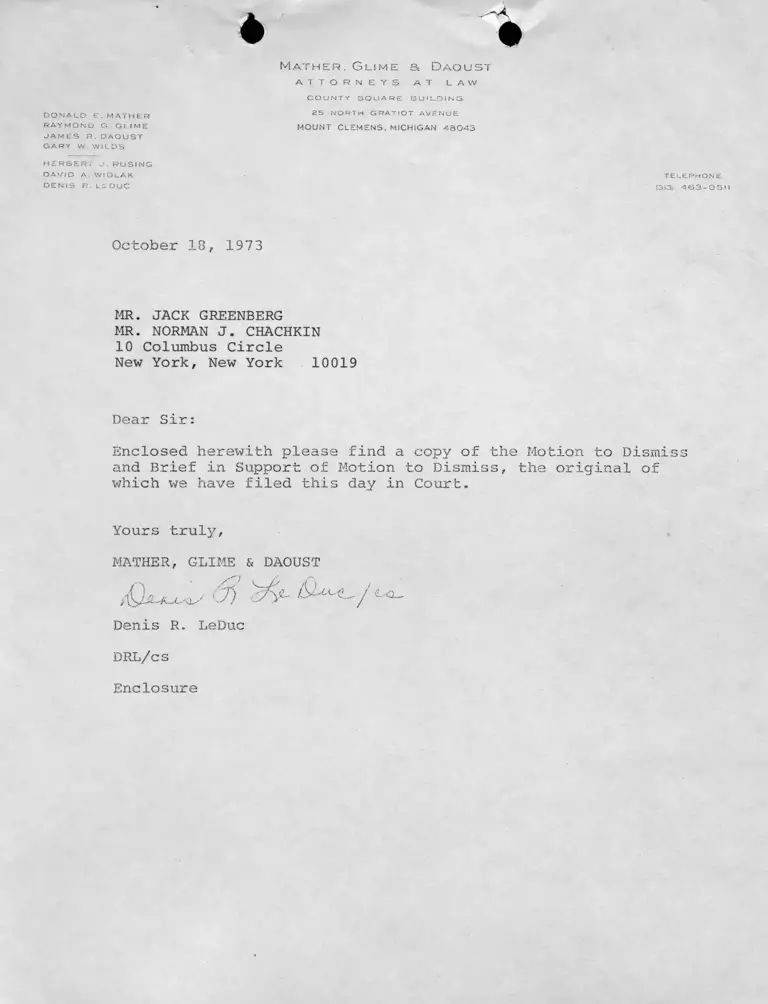 Letter from LeDuc to Greenberg & Chackin RE: Copy of Motion to Dismiss and Brief in Support preview