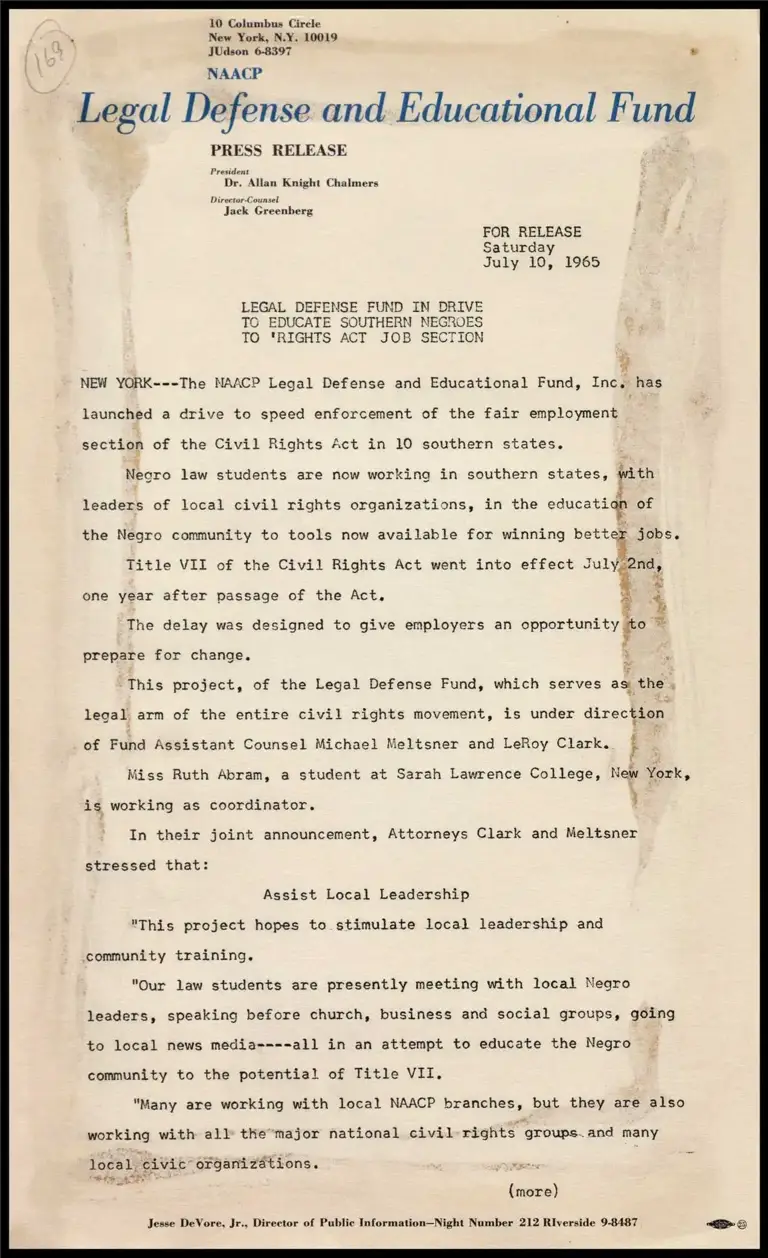 Legal Defense Fund in Drive to Educate Southern Negroes to Rights Act Job Section preview