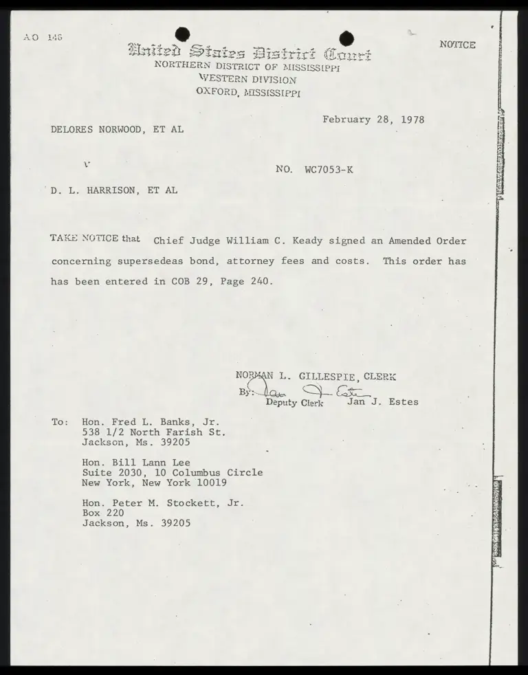 Notice from Clerk to Counsel Re: Amended Order for Fees preview