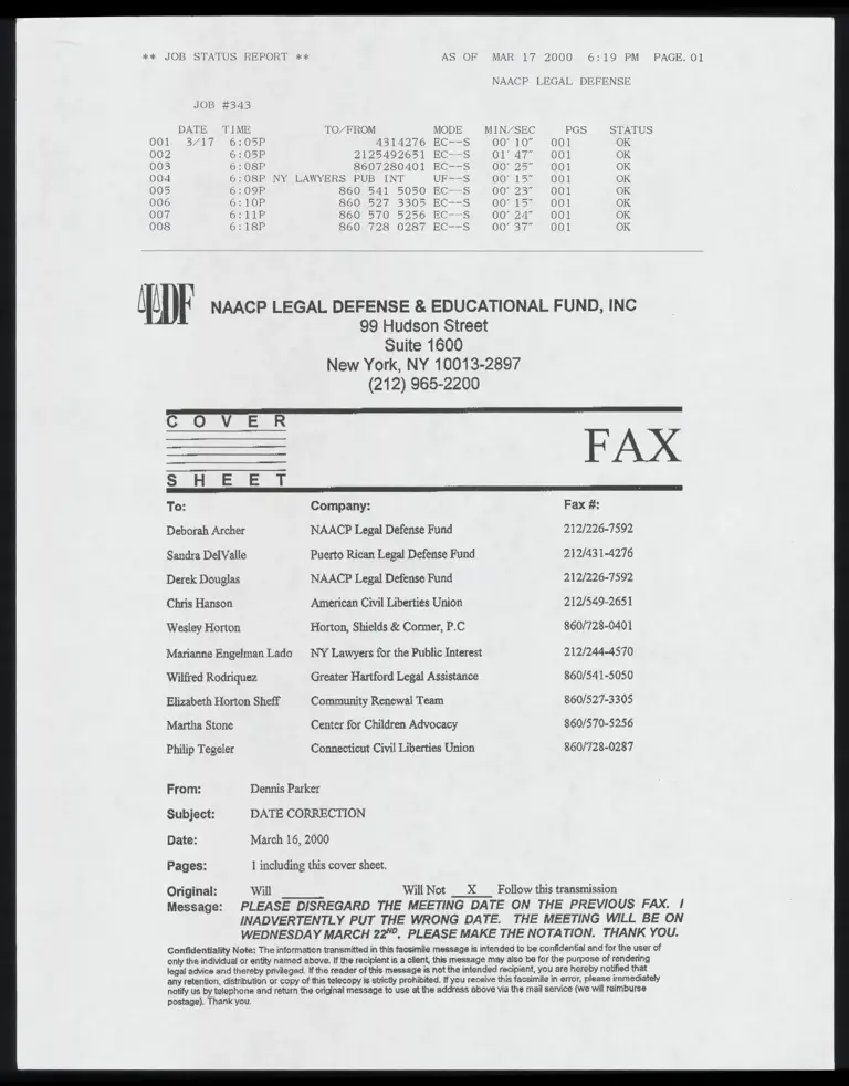 Fax Cover Sheet RE: Date Correction preview