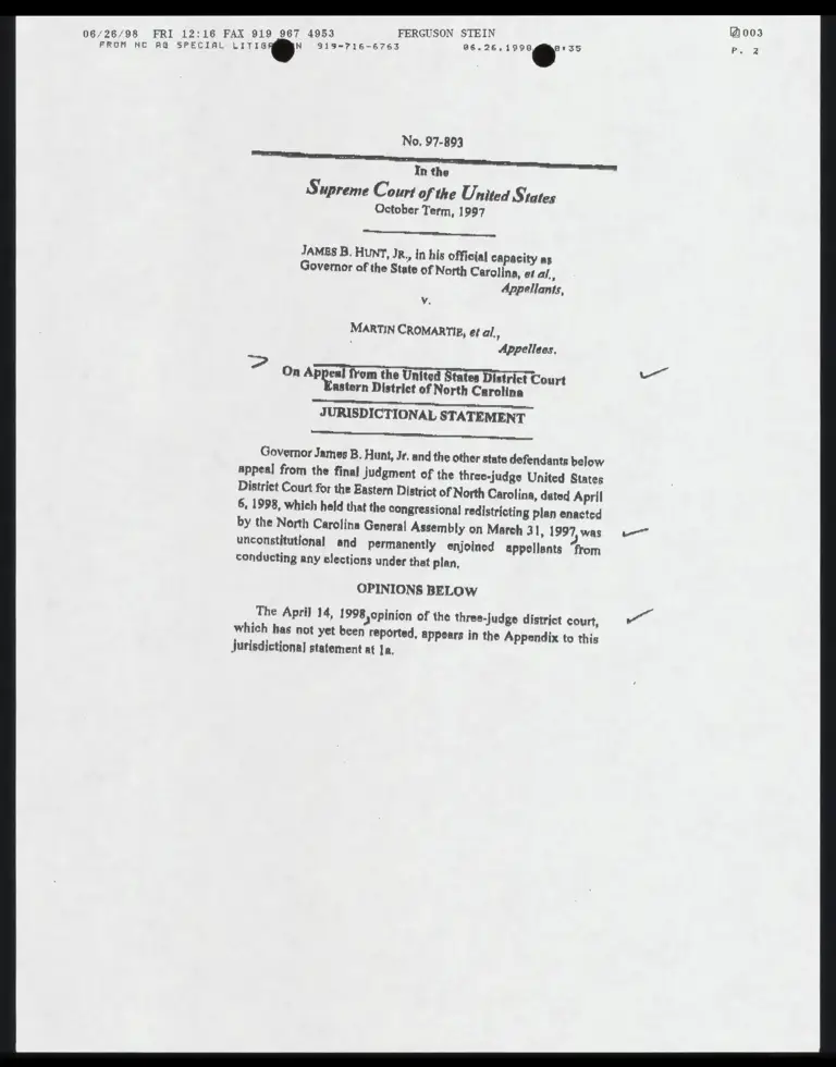 Fax From Stein to Cox RE: Draft Jurisdictional Statement preview