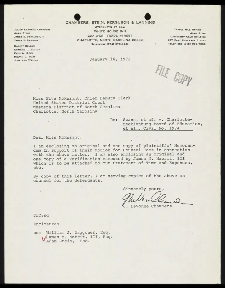 Correspondence from Chamber to Clerk Re: Memorandum in Support of Motion for Counsel Fees preview