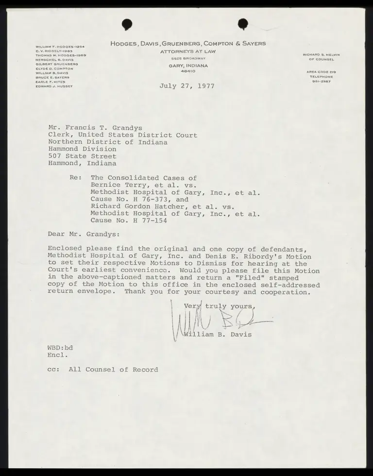 Correspondence from Davis to Clerk Re: Motions to Dismiss preview