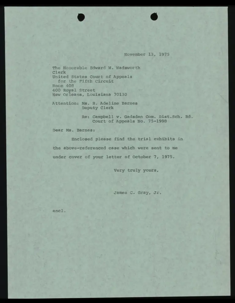 Correspondence from Gray to Clerk Re: Trial Exhibits preview