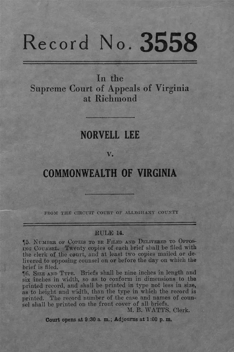 Lee v. Commonwealth of Virginia Petition for Writ of Error preview