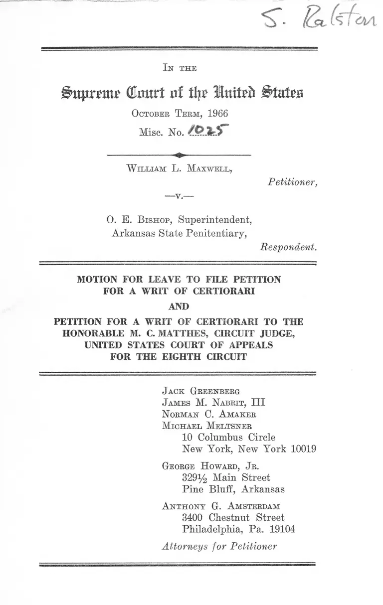 Maxwell v. Bishop Motion to File and Petition for a Writ of Certiorari preview