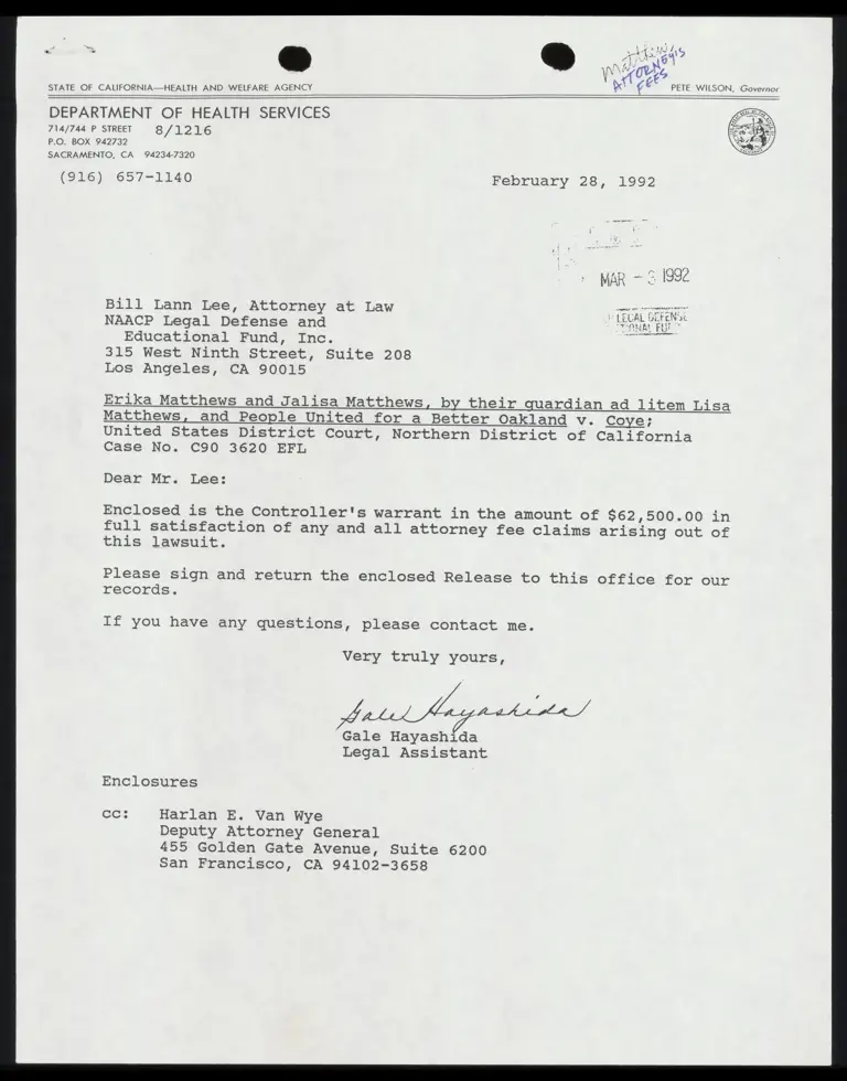 Letter from Van Wye to Lann Lee RE: Controller's Warrant and Attorney's Fees preview