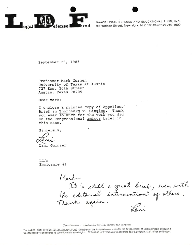 Correspondence from Lani Guinier to Prof. Mark Gergen Re Thornburg v. Gingles preview