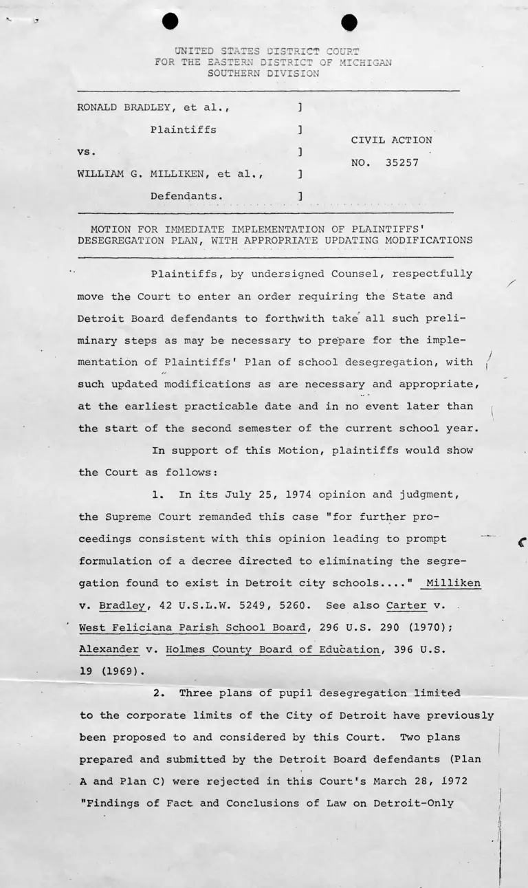 Motion for Implementation of Plaintiffs' Desegregation Plan with Modifications preview