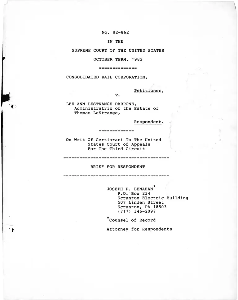 Consolidated Rail Corporation v. Lestrange Darrone Brief for Respondent preview