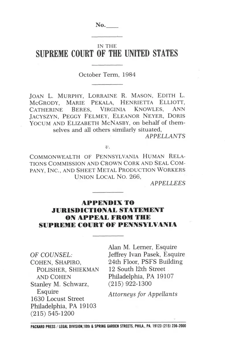 Murphy v. Pennsylvania Human Relations Commission Appendix to Jurisdictional Statement preview