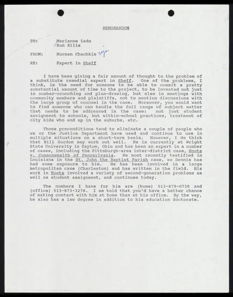 Memo from Chachkin to Lado and Ellis Re: Expert in Sheff preview
