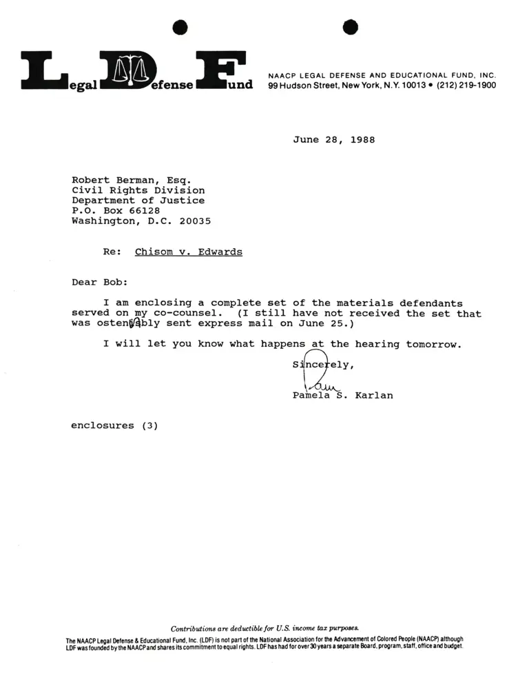 Correspondence from Pamela Karlan to Robert Berman Re Chisom v. Edwards preview
