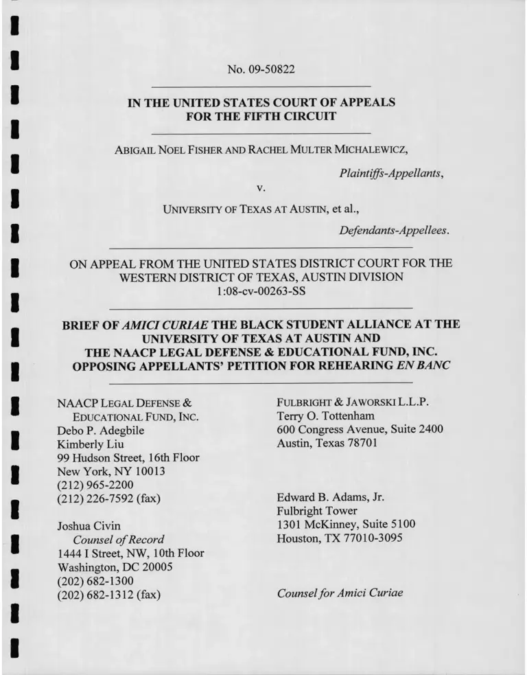 Fisher v. University of Texas at Austin Brief of Amici Curiae Opposing Appellants’ Petition for Rehearing En Banc preview