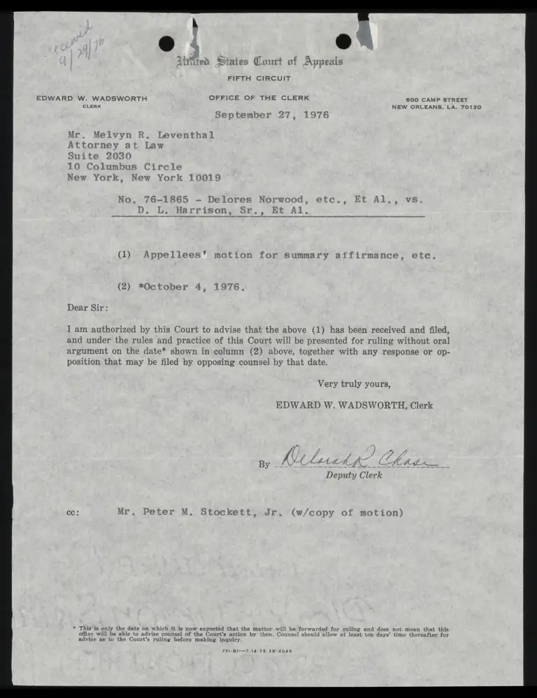 Correspondence from Clerk to Leventhal Re: Receipt and Filing preview