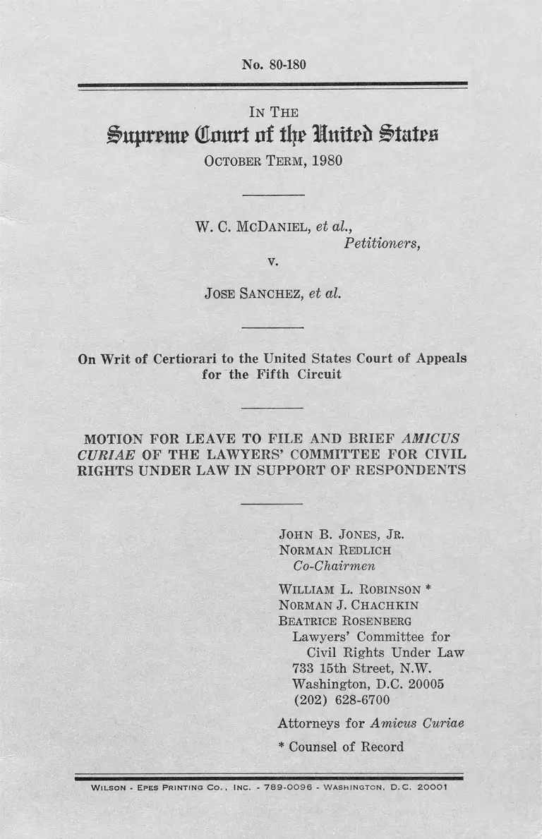 McDaniel v. Sanchez Motion for Leave to File and Brief Amicus Curiae preview