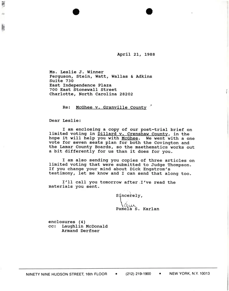 Correspondence from Lani Guinier to Leslie Winner Re McGhee v. Granville County preview