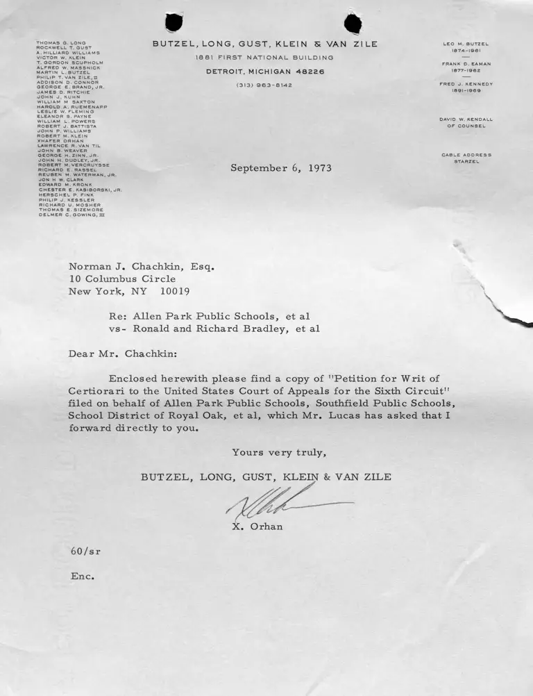 Letter from Orhan to Chachkin RE: Copy of Petition for Writ of Certiorari preview