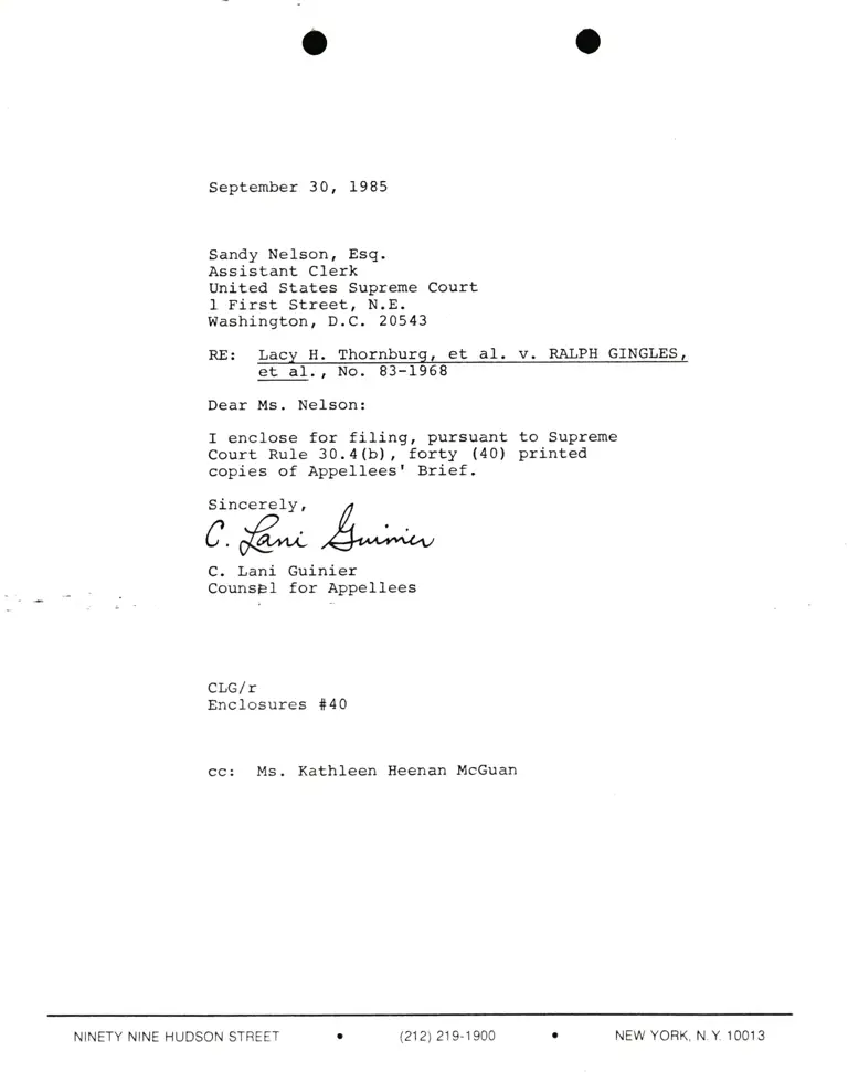 Correspondence from Lani Guinier to Sandy Nelson, Esq. Re Thornburg v. Gingles preview