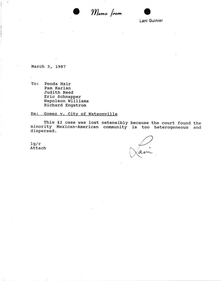 Correspondence from Lani Guinier to Hair, Karlan, Reed, Schnapper, Williams, and Engstrom Re Gomez v. City of Watsonville preview