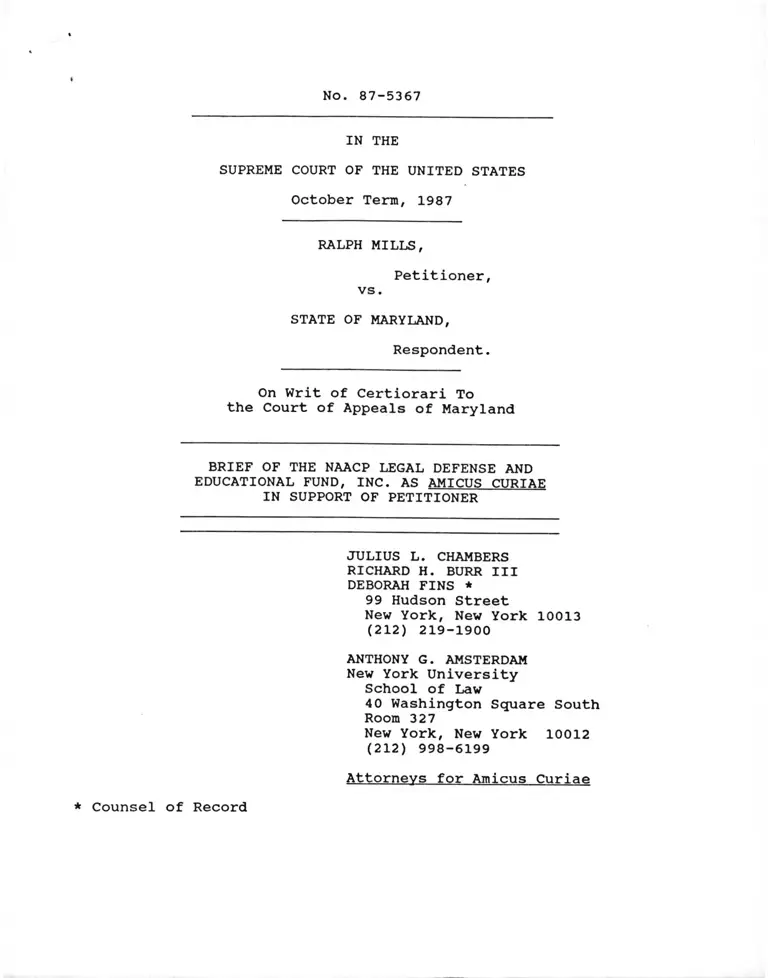 Mills v. Maryland Brief Amicus Curiae in Support of Petitioner preview