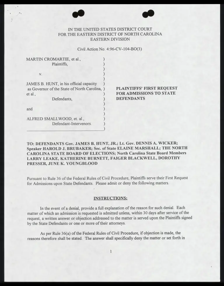 Plaintiffs' First Request for Admissions to State Defendants with Certificate of Service preview