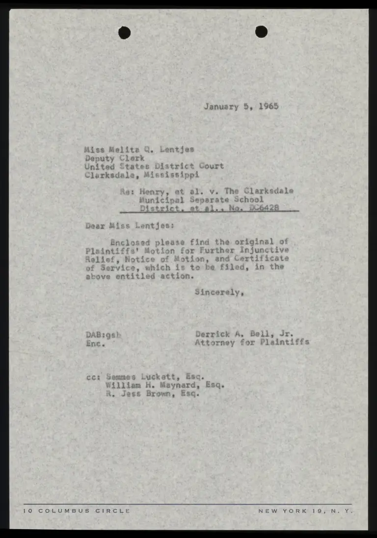 Correspondence from Bell to Clerk Re: Motion for Further Injunction preview