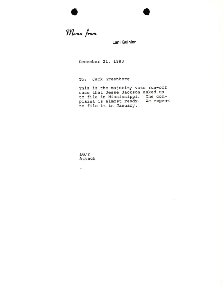 Memorandum from Lani Guinier to Jack Greenberg Re: Mississippi Voting Rights Case preview