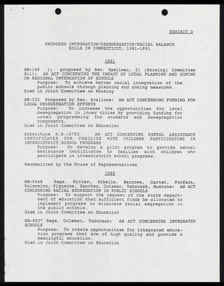 Exhibit D - Proposed Integration/Desegregation/Racial Balance Bills in Connecticut, 1981-1991 preview