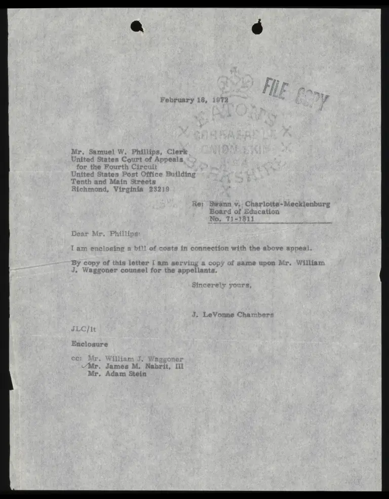 Correspondence from Chambers to Clerk Re: Bill of Costs preview