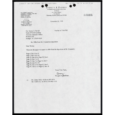 Fax to Harrell from Markham RE: Offer from Mr. Cromartie’s deposition preview
