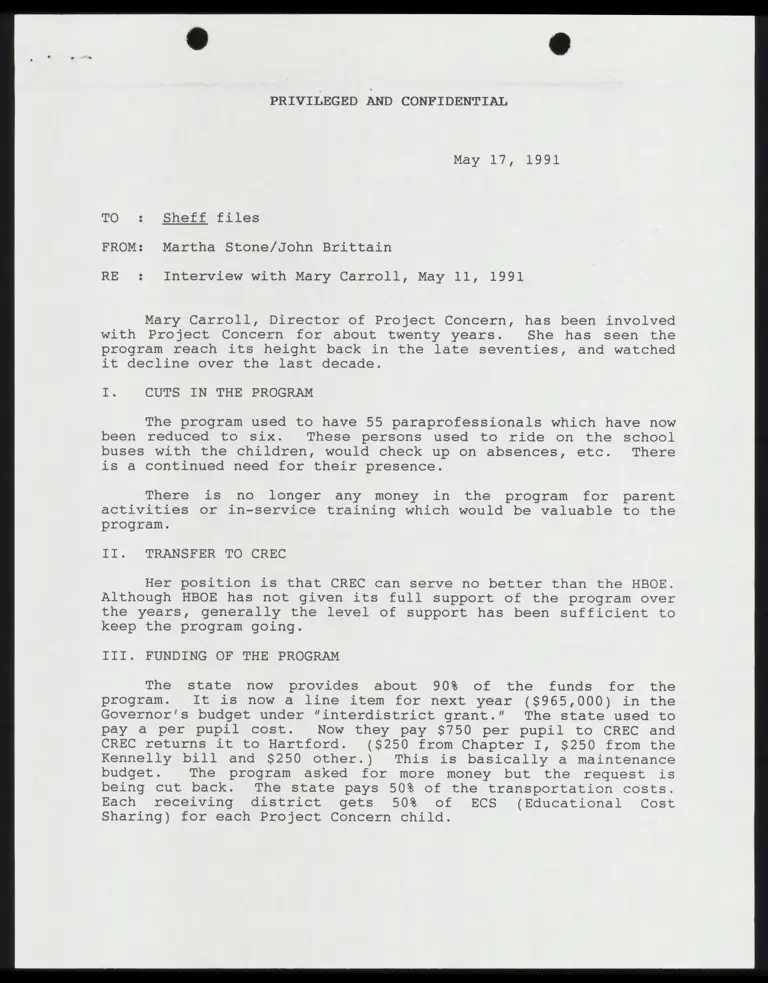 Memo from Stone and Brittain to File Re: Interview with Mary Carroll, May 11, 1991; Correspondence from Stone to Carroll preview