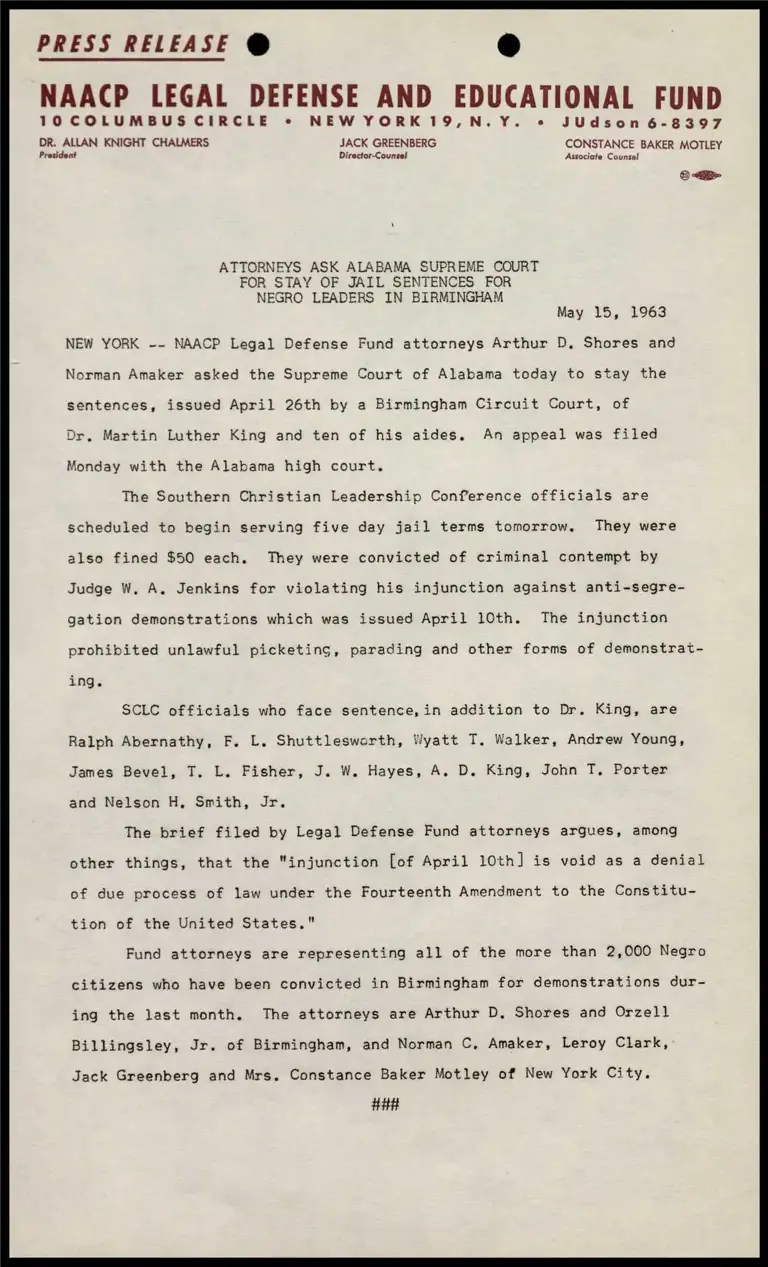 Attorneys ask Alabama Supreme Court for stay of Jail Sentences for Negro Leaders in Birmingham preview