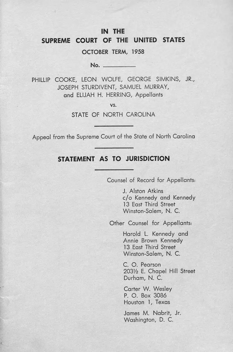 Cooke v. North Carolina Statement as to Jurisdiction preview